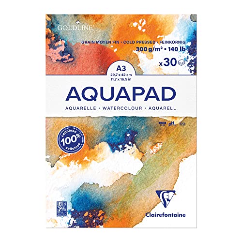 Clairefontaine 975722C - Malblock Aquarell Papier mittelfein gekörnt Goldline Aqua 30 Blatt 29,7x42 cm 300g von Clairefontaine