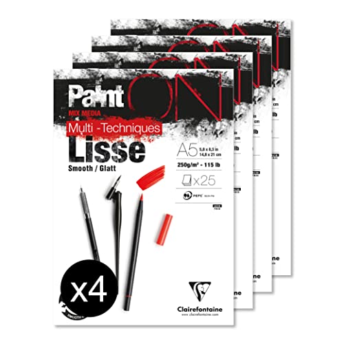 Clairefontaine 975728C - Packung mit 4 Blöcken Paint´ON Lisse/Glatt, DIN A5, kopfseitig geleimt, 25 Blatt, 250g, weiß, 1 Pack von Clairefontaine