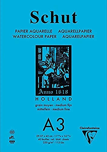 Clairefontaine 975735C - Aquarellblock Schut DIN A3 29,7x42cm, geleimt, 40 Blatt weiß 250g, mittelfeine Körnung, ideal für Nasstechniken, Weiß, 1 Stück von Clairefontaine