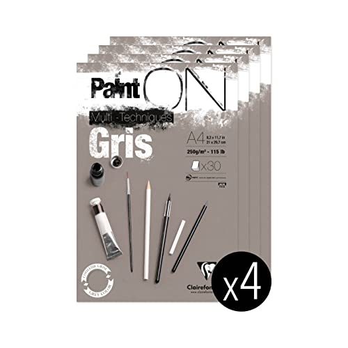 Clairefontaine 975809C - Packung mit 4 Blöcken Paint´ON Gris, DIN A4, kopfseitig geleimt, 30 Blatt, 250g, grau, 1 Pack von Clairefontaine