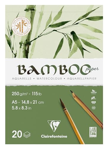 Clairefontaine 975918C - Block Bamboo Aquarelle, einseitg geleimt, 20 Blatt Bambuspapier 250g, DIN A5 10,5x21cm, 1 Block von Clairefontaine