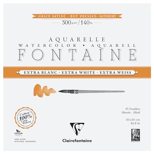 Clairefontaine 976025C - Block Aquarellpapier Fontaine extraweiß & satiniert, 4-seitig geleimt, 12 Blatt 300g 20x20 cm, 1 Stück von Clairefontaine