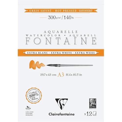 Clairefontaine 976028C - Block Aquarellpapier Fontaine extraweiß satiniert, 2-seitig geleimt, 12 Bogen A3 300g, 1 Stück von Clairefontaine