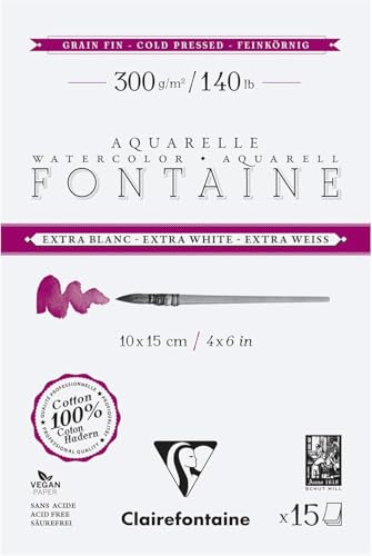 Clairefontaine 976037C - Block Aquarellpapier Fontaine Extraweiß feinkörnig, 4-seitig geleimt, 15 Bogen 300g 10x15 cm, 1 Stück von Clairefontaine