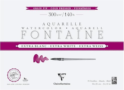 Clairefontaine 976041C - Block Aquarellpapier Fontaine Extraweiß feinkörnig, 4-seitig geleimt, 15 Bogen 300g 36x26 cm, 1 Stück Clairefontaine 976041C - Block Aquarellpapier Fontaine Extraweiß feinkörnig, 4-seitig geleimt, 15 Bogen 300g 36x26 cm, 1 Stück von Clairefontaine