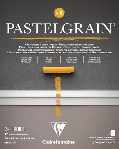 Clairefontaine 976058C Pastelgrain Nr. 1 – 12 Blatt Spezialkarte für trockene Pastellkreide – 24 x 30 cm 360 g – verschiedene Grautöne – Trennblätter aus Kristallpapier von Clairefontaine