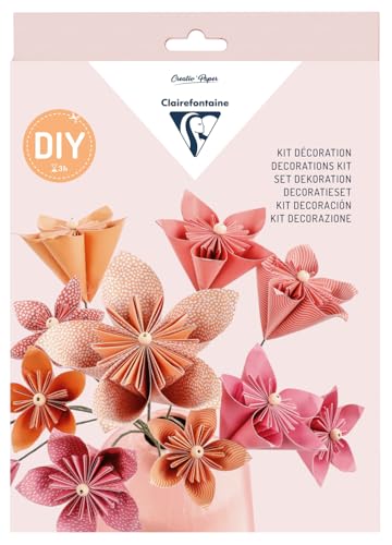 Clairefontaine 97714C - Kreativset mit 60 Blatt Origamipapier 70g/m2 (3 Formate), 1 florales Klebeband, 12 Drähte, 12 Holzperlen, 1 Tube Flüssigkleber, ideal für Einsteiger, Blumenmotiven, 1 Set von Clairefontaine