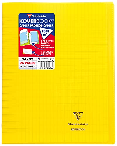 Clairefontaine 981406C - Schulheft / Heft Koverbook DIN A4+ 24x32 cm 48 Blatt 90g, französische Lineatur, Einband aus transparentem Polypropylen, robust, geheftet, Gelb, 1 Stück von Clairefontaine