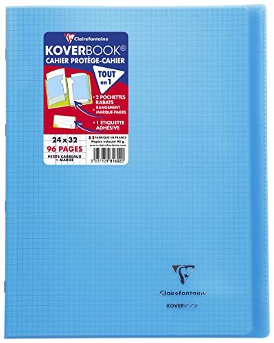 Clairefontaine 981602C - Schulheft / Heft Koverbook DIN A4+ 24x32 cm 48 Blatt 90g, kariert mit Rand, Einband aus transparentem Polypropylen, robust, geheftet, Blau, 1 Stück von Clairefontaine