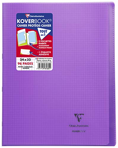 Clairefontaine 981605C - Heft / Notizbuch Koverbook, DIN A4+, 24x32 cm, 48 Blatt 90g, kariert mit Rand, Einband aus transparentem Polypropylen, Violett, 1 Stück von Clairefontaine