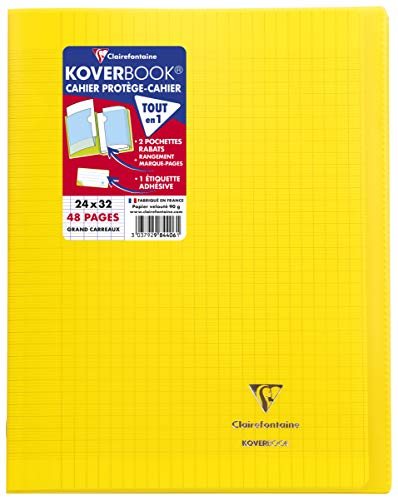 Clairefontaine 984406C - Schulheft / Heft Koverbook DIN A4+ 24x32 cm 24 Blatt 90g, französische Lineatur, Einband aus transparentem Polypropylen, robust, geheftet, Gelb, 1 Stück von Clairefontaine