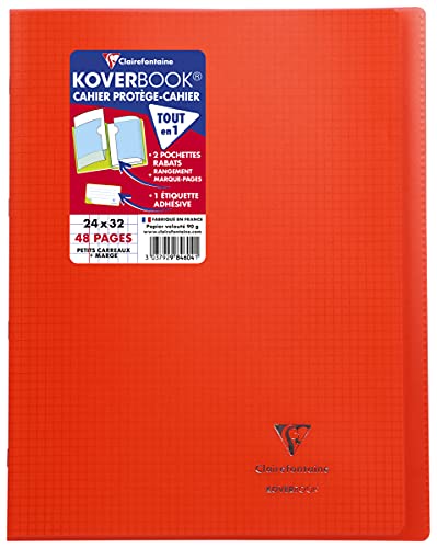 Clairefontaine 984604C - Heft Koverbook DIN A4+, 24x32 cm, 24 Blatt 90g, kariert 5/5 mit Rand, Einband aus transparentem Polypropylen, Rot, 1 Stück von Clairefontaine