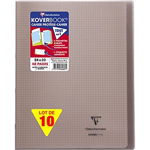 Clairefontaine 984607C - Packung mit 10 Heften Koverbook DIN A4+, 24x32cm, 24 Blatt kariert mit Rand, 90g, Einband PP, Grau, 1 Pack von Clairefontaine