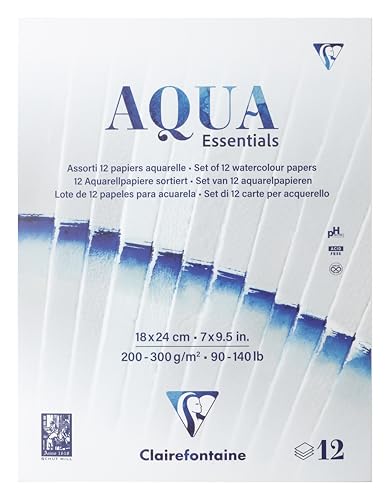 Clairefontaine Aqua Essential 976098C Block verleimt, 18 x 24 cm, 12 Aquarellpapiere – ideal für die Nasstechnik von Clairefontaine