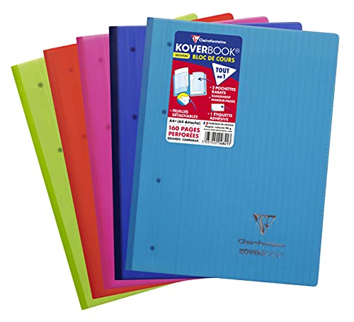 Clairefontaine 4841C - Kursusblock Koverbook DIN A4+, 22,3x29,6 cm, an der langen Seite geheftet, 80 Blatt 90g, abtrennbar, 4-fach gelocht, französische Lineatur Seyès, Einband aus transparentem Polypropylen, farbig sortiert, 1 Stück von Clairefontaine