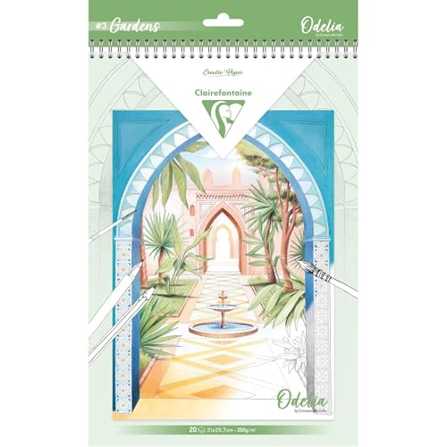 Clairefontaine Odelia Les Jardins 95743C Malblock für Erwachsene, Kreativität, Entspannung, Zen, Gartendekoration – Multitechnik, Filzstifte, Aquarell, Malerei, 20 Blatt, DIN A4, 250 g von Clairefontaine