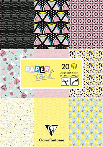 Clairefontaine 95236C - Block Paper Touch mit 20 Bögen bedruckten Bastelkarton 200g DIN A4 21x29,7 cm + Stickers Alphabet + Etiketten, für Scrapbooking und Bastelaktivitäten, Früchte, 1 Stück von Clairefontaine