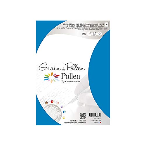 Clairefontaine 23361C - Packung mit 5 Doppelkarten Pollen DIN A6 105x148 mm 210g, ideal für Ihre Einladungen und Korrespondenz, mit feiner Körnung, Azurblau, 1 Pack von Clairefontaine