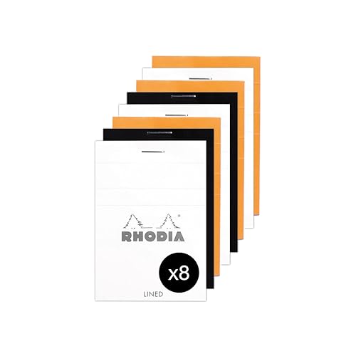 Rhodia 11600AMZC - Set mit 8 Blöcken geheftet N°11 - A7 - liniert - 40 Blatt abtrennbar -80 g/m² - 3 Farben sortiert (Orange, Schwarz & Weiß) von Rhodia