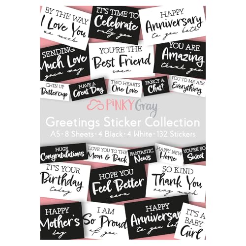 Pinky Gray Greetings Sticker Collection: A5, 8 Blatt, 132 Aufkleber von Claritystamp