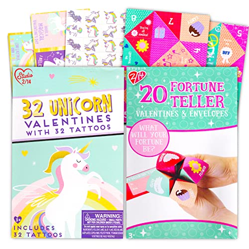 Valentinstags-Geschenkkarten-Set für Mädchen, 32 Einhorn-Valentins-Valentinskarten mit Tattoos und 20 Interaktive Valentinstagskarten für Klassenzimmer-Austausch von Classic Disney