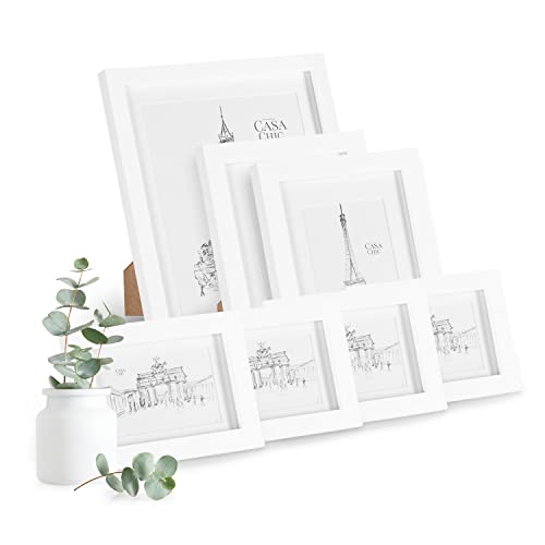 Casa Chic Bilderrahmen 7er-Set, Bilderrahmen für Kinderzeichnungen, Urkunden & Fotos, Holz-Bilderrahmen mit Glas, Fotorahmen im Hoch- oder Querformat für Zuhause & Büro, Rahmen mit Passepartout von Classic by Casa Chic