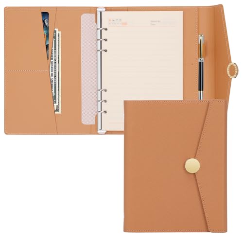 A5 Leder Nachfüllbar Ringbuch mit Magnetschnalle - 6 Ringe A5 Binder mit Nachfüllpapier und Karte, Stiftschacht - Leder Planer Notizbuch mit Hardware Magnetic Schließen, A5 Ringbuch (Khaki-1) von Classycoo