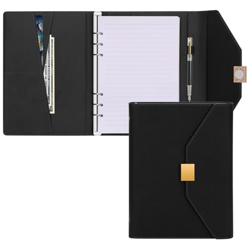 A5 Leder Nachfüllbar Ringbuch mit Magnetschnalle - 6 Ringe A5 Binder mit Nachfüllpapier und Karte, Stiftschacht - Leder Planer Notizbuch mit Hardware Magnetic Schließen, A5 Ringbuch (Schwarz) von Classycoo