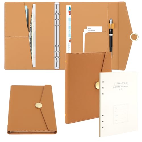 A5 Leder Nachfüllbar Ringbuch mit Magnetschnalle - 6 Ringe A5 Binder mit Nachfüllpapier und Karte, Stiftschacht - Leder Planer Notizbuch mit Hardware Magnetic Schließen, A5 Ringbuch Nachfüllbar(Khaki) von Classycoo