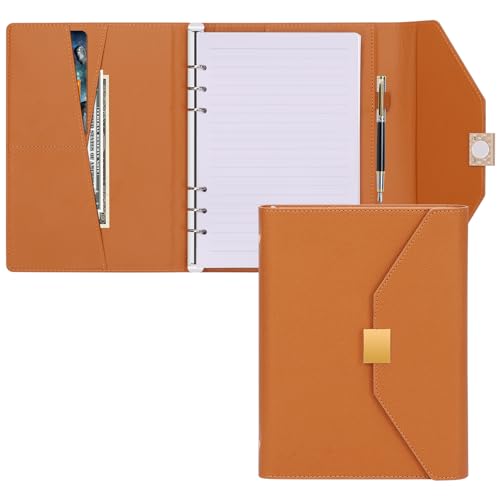 A5 Leder Nachfüllbar Ringbuch mit Magnetschnalle - 6 Ringe A5 Binder mit Nachfüllpapier und Karte, Stiftschacht - Leder Planer Notizbuch mit Hardware Magnetic Schließen, A5 Ringbuch-Braun (Braun) von Classycoo