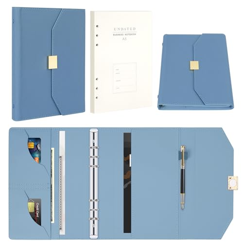 A5 Leder Nachfüllbar Ringbuch mit Magnetschnalle - 6 Ringe A5 Binder mit Nachfüllpapier und Karte, Stiftschacht - Leder Planer Notizbuch mit Hardware Magnetic Schließen, A5 Ringbuch Nachfüllbar(Blau) von Classycoo