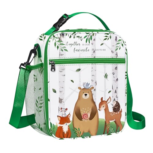 Clastyle Grün Bär Fuchs Hirsch Isolierte Lunchtasche Kinder, Klein Kühltasche für Jungen Mädchen mit Flaschenhalter, Wasserdichte Brotzeittasche für Picknick Schulen von Clastyle