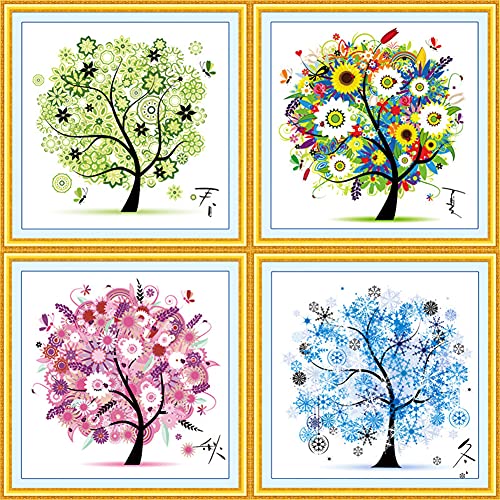 Cleana Arts Kreuzstich-Kits, Baum der vier Jahreszeiten, 11 CT, 3 Fäden, bedruckte Stickerei-Kits, 45 cm × 45 cm von Cleana Arts