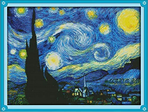 Cleana Arts Kreuzstich-Set, Sternennacht von Van Gogh, 11-fädig, 3 Stränge, geprägtes Stickset, 58 x 43 cm von Cleana Arts