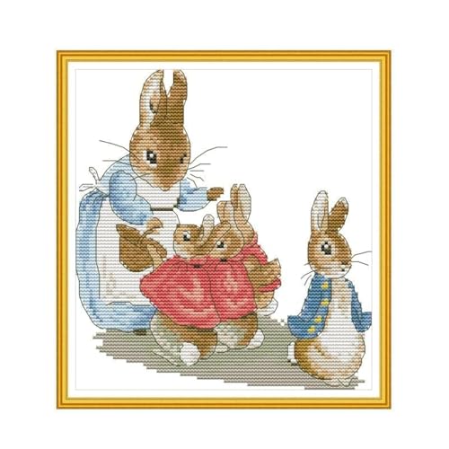 Cleana Arts Kreuzstich-Kits, geprägt, komplettes Sortiment von Stick-Starter-Kits für Anfänger, DIY, 14 CT, 2 Stränge, kleiner Hase, 21 cm x 22 cm von Cleana Arts