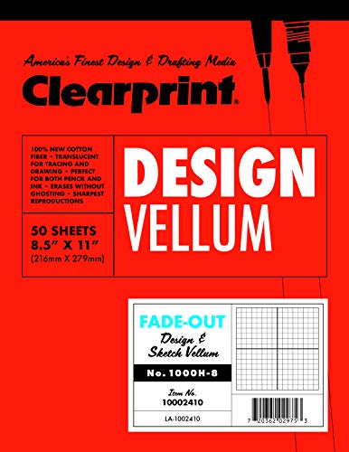 Clearprint 1000h Design Pergamentpapier Pad mit bedruckt Fade Out 8 x 8 Gitter, 16 Lb., 100% Baumwolle, 8–1/5,1 x 27,9 cm, 50 Blatt, weiß transluzent (10002410) von Clearprint