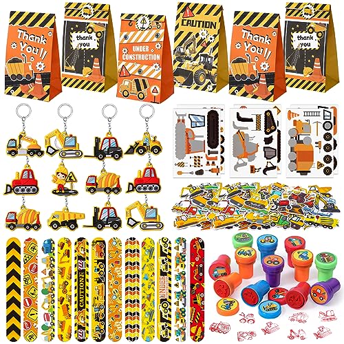 110Pcs Baustelle Mitgebsel Kindergeburtstag Gastgeschenke Junge Construction Geschenktüten Schnapparmband Bagger Schlüsselanhänger DIY Aufkleber Stempel BAU Pinata Füllung Party Mitgebsel Kinder Junge von Cleboen