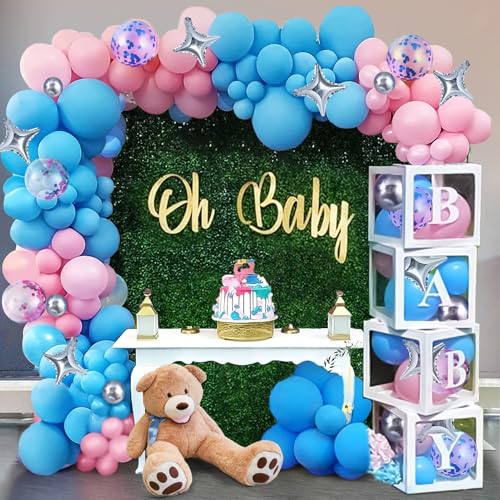 120PCS Gender Reveal Party Deko Babyparty Dekoration Boxen Luftballon Girlande Blau Rosa Weiß BABY Buchstaben DIY Ballon Boxen für Baby Boy Girl Geburtstagsfeier Geschlecht Offenbaren Baby Shower Deko von Cleboen