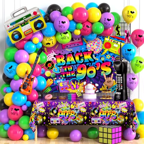 132Pcs 90er Jahren Party Dekorationen 90s Luftballons Girlandenbogen Retro Aufblasbares Radio Boombox Mikrofon Guita Rock Disco Foilballoon Back To The 90s Banner Tischdecke 90er Hip Hop Party von Cleboen