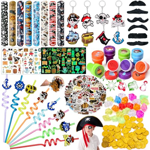 172PCS Piraten Party Mitgebsel Kindergeburtstag Gastgeschenk Junge mit Strohhalme Kinder Goldmünzen Schlüsselanhänger Schnurrbärte Leuchtende Tattoo Aufkleber Stempel Schnapparmband Give Aways von Cleboen