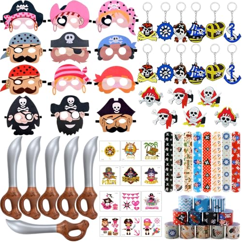 Cleboen 72Pcs Piraten Party Mitgebsel Kindergeburtstag Piraten Schnapparmband Maske Aufkleber Ringe Schlüsselanhänger Aufblasbares Spielzeug Piraten Party Deko Halloween Preise Geschenke für Junge von Cleboen