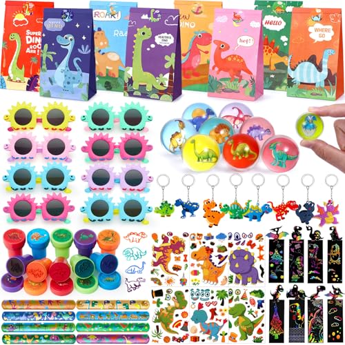 Dinosaurier Party Mitgebsel Kindergeburtstag Jungen Dino Brille Flummies Spielzeug Kratzbilder DIY Aufkleber Geschenktüten Schnapparmbänder Schlüsselanhänger Mitbringsel Geburtstag Geschenke Kinder von Cleboen