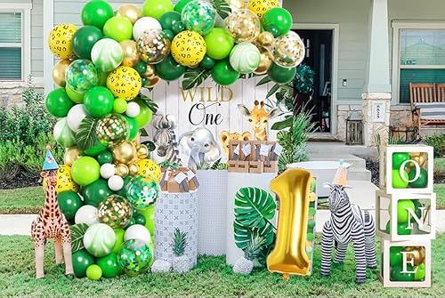 Dschungel Deko 1. Geburtstag Junge Mädchen Wild One Geburtstag Deko mit Geburtstagskrone Grün Luftballons Girlande Ballonbox Safari Kindergeburtstag Deko Baby Shower Geburtstagsparty Deko von Cleboen