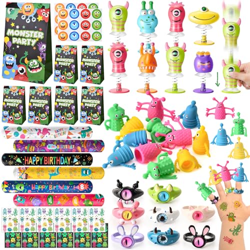 Mitgebsel Kindergeburtstag Monster Party Zubehör mit Fingerpuppen Springende Monster Leuchtende Tattoo Schnapparmbänder Geschenktüten Monster Kleine Geschenke für Kinder Give Aways Kindergeburtstag von Cleboen