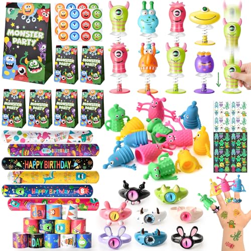 Mitgebsel Kindergeburtstag Monster Party Zubehör mit Fingerpuppen Springende Monster Leuchtende Tattoo Schnapparmbänder Geschenktüten Monster Kleine Geschenke für Kinder Give Aways Kindergeburtstag von Cleboen