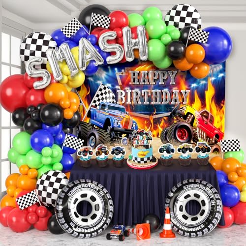 Monstertruck Geburtstag Deko Monster Trucks Party Deko mit Hintergrund Cupcake Topper Racing Wheels Folienballon Luftballon Girlande Monstertruck Geburtstagsdeko Kinder Jungen von Cleboen