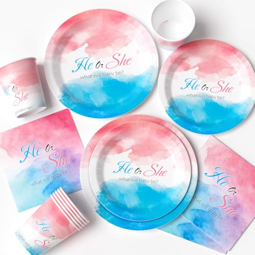 Partygeschirr Gender Reveal Partytreller Baby Shower Geschirr Babypartys Pappteller Becher Servietten He or She Boy or Girl Rosa Blau Gender Reveal Party Deko 12 Gäste von Cleboen