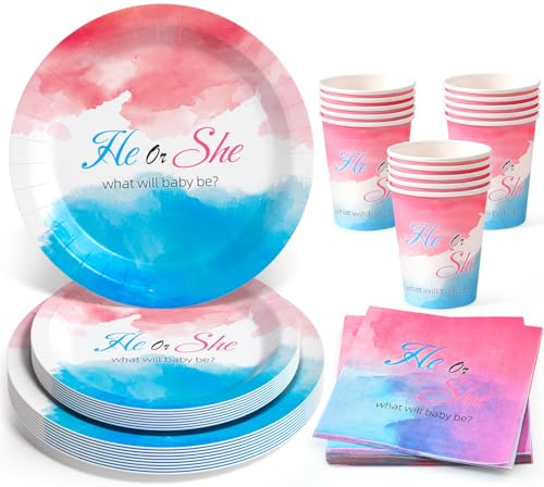 Partygeschirr Gender Reveal Partytreller Baby Shower Geschirr Babypartys Pappteller Becher Servietten He or She Boy or Girl Rosa Blau Gender Reveal Party Deko 12 Gäste von Cleboen