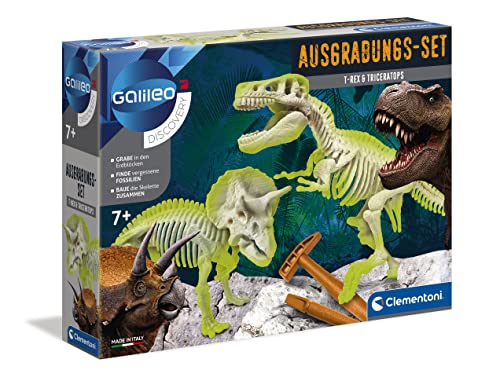 Clementoni 69408 Galileo Discovery Ausgrabungs Set T Rex und Triceratops, Spielzeug für Kinder ab 7 Jahren, Ausgraben von Dinosaurier Fossilien mit Ha mmer und Meißel, 7 x 35 x 26 cm von Clementoni