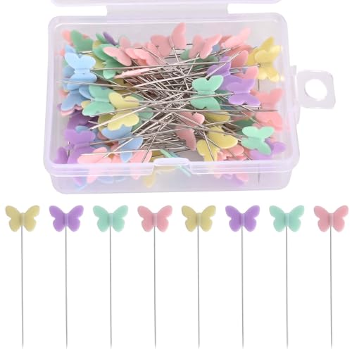 100 Stück Head Pins, Stecknadeln für DIY, Mehrfarbige Stecknadeln Mit Kopf Schmetterling, Mehrfarbige Stecknadeln, Head Pins, Kratznadeln mit Aufbewahrungsbox-Für DIY Nähen Handwerk Basteln von Cleminsta